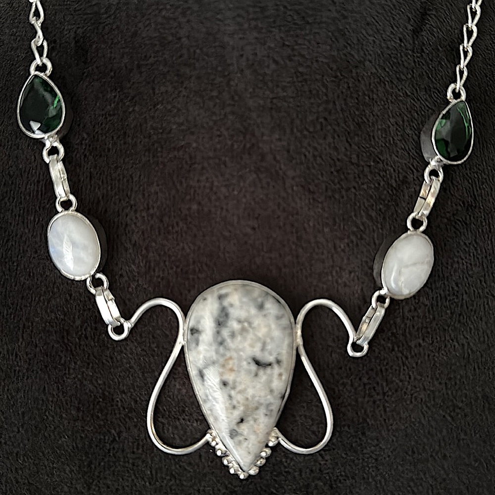 Jasper, Moonstone & Onyx pendant/ sterling silver plated necklace 🤍💚